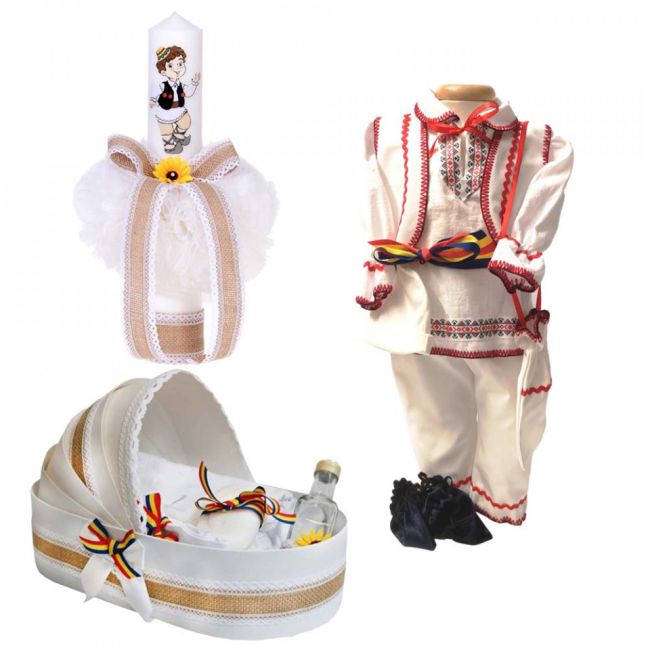 Set costum national baiat cu trusou botez landou si lumanare botez Denikos® 970 NIK5399