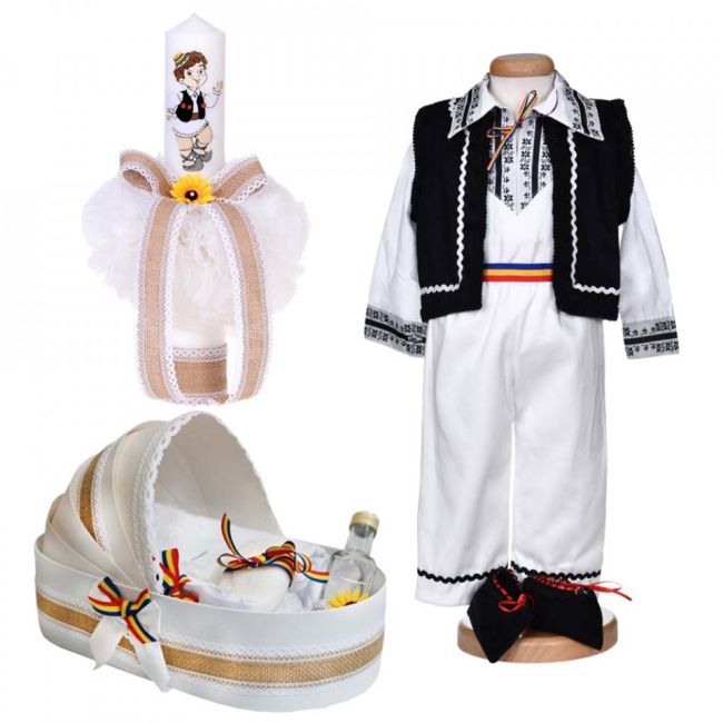 Set traditional trusou botez landou Baieti cu lumanare si costum national Denikos® 1041 NIK5538