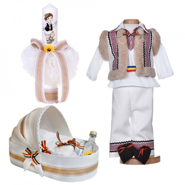 Set traditional baietel cu trusou botez landou si lumanare si costum national Denikos® 1047 NIK5507