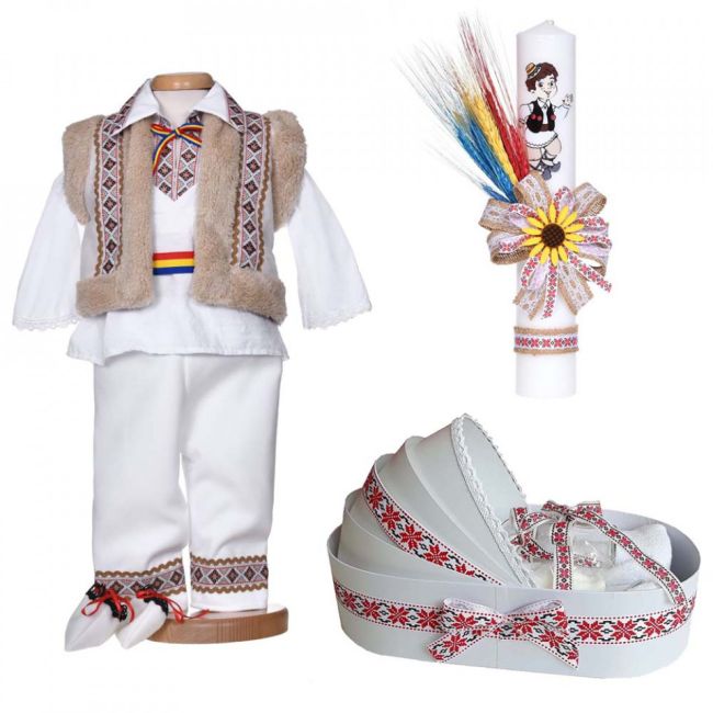 Set botez traditional lumanare botez cu trusou botez landou  si costum national Baietel Denikos® C9267 NIK5517