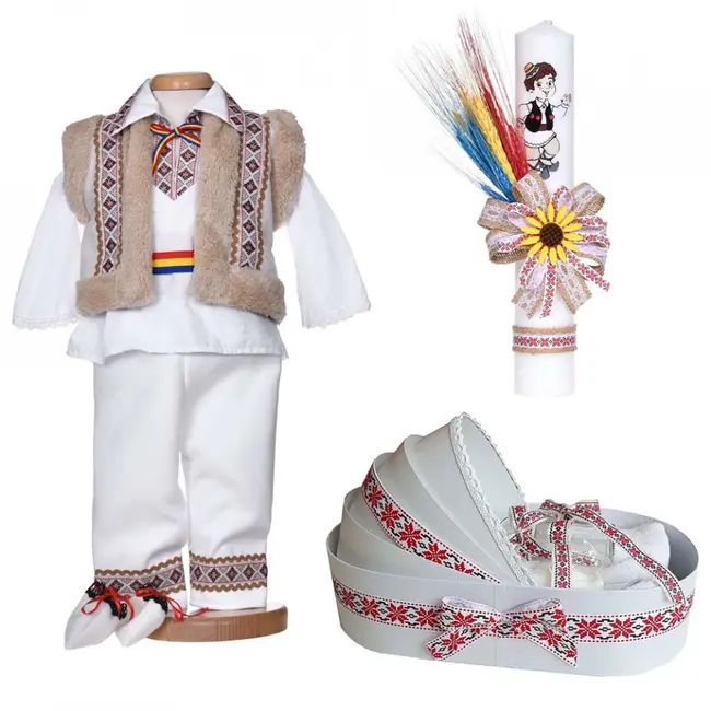 Set botez traditional lumanare botez cu trusou botez landou  si costum national Baietel Denikos&reg; C9267 NIK5517