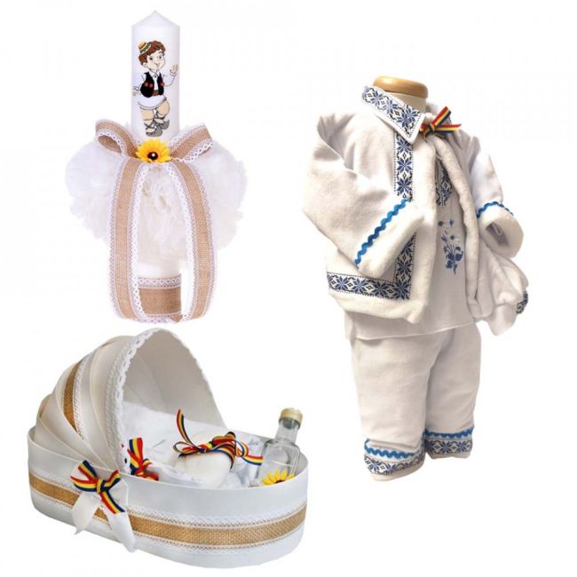 Set traditional trusou botez landou cu costum national Baietel si lumanare Denikos® 967 NIK5396