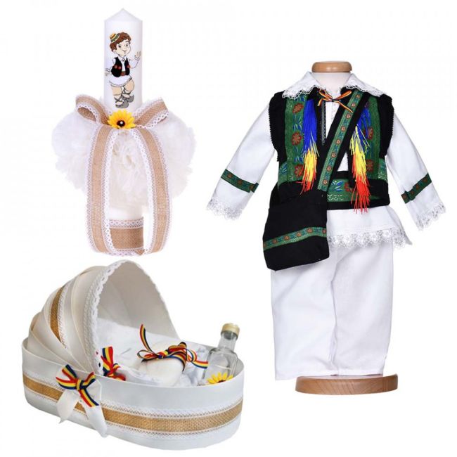 Set botez traditional baietel cu trusou botez landou si lumanare si costum traditional Denikos® 1044 NIK5504