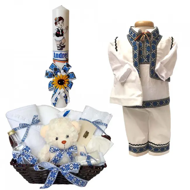 Set botez traditional baietel, tusou botez, lumanare si costum national baiat, Denikos&reg; 738 NIK5167