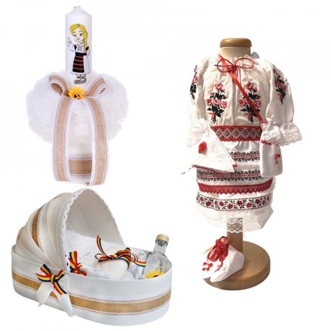 Pachet cu trusou botez landou traditional cu lumanare si costum traditional Fetita Denikos® 976 NIK5405