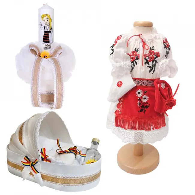 Set traditional trusou botez tip landou Fete cu lumanare si costum traditional Denikos® 978 NIK5407
