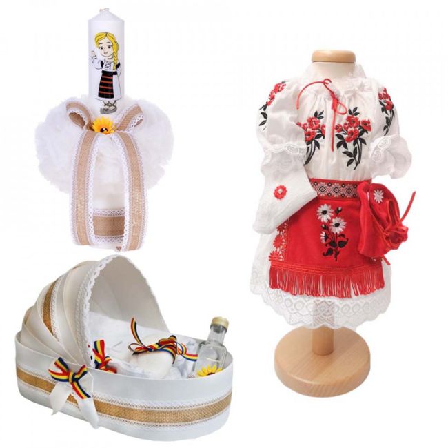 Set botez traditional Denikos® 984 trusou botez landou cu lumanare si costum traditional Fetita - NIK5413