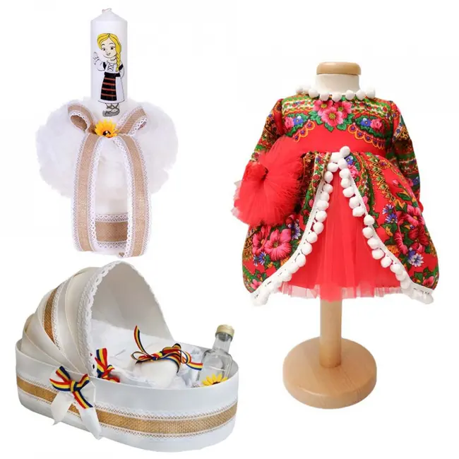 Pachet costum traditional fete si trusou botez landou cu lumanare Denikos&reg; 988 NIK5417