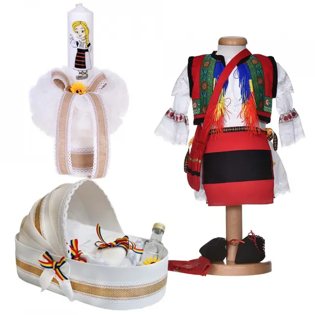 Pachet costum popular si trusou botez landou Fata cu lumanare si decor traditional Denikos&reg; 1057 NIK5514