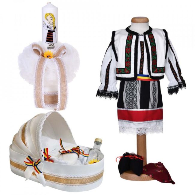 Set costum traditional cu lumanare botez Fete si trusou botez landou in decor popular Denikos® 1054 NIK5529