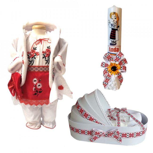 Set costum traditional rochita cu lumanare personalizata si trusou botez decor national Fata Denikos® C9021 NIK5459