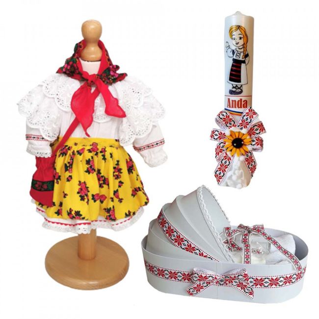 Set costumas traditional cu trusou si lumanare personalizata pentru botez fete Denikos C9011- NIK5449