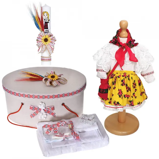 Set rochita botez populara pentru Fete cu trusou botez si cutie trusou Denikos C9099 si lumanare decor rustic - NIK5472