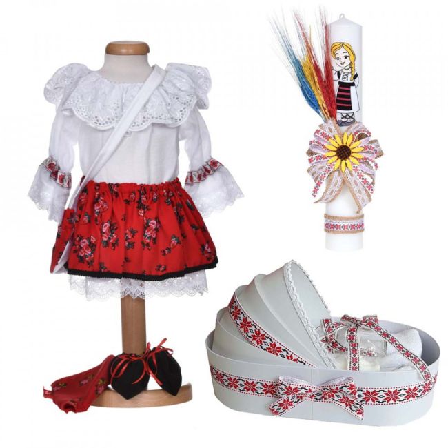 Pachet rochita traditionala Fata cu trusou botez landou si lumanare cu decor national Denikos C9272 - NIK5522