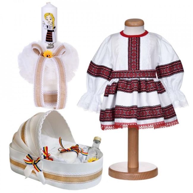 Rochita traditionala Fata plus lumanare botez si trusou botez landou cu decor national Denikos® 1061 NIK5531