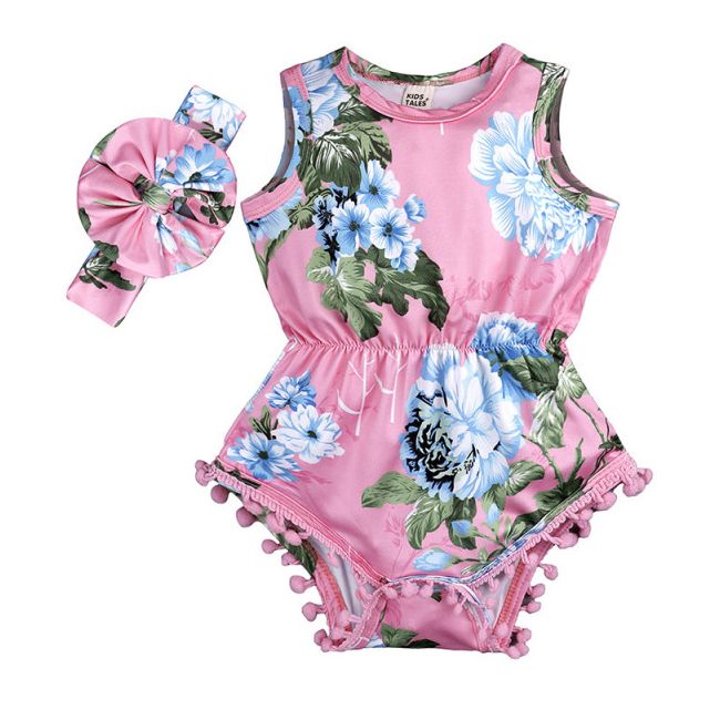 Body roz imprimat cu flori bleu cu bentita asortata LI7374-3-R2