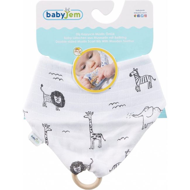 Baveta BabyJem din muselina cu inel din lemn (Model: Zoo) JEMbj_6783