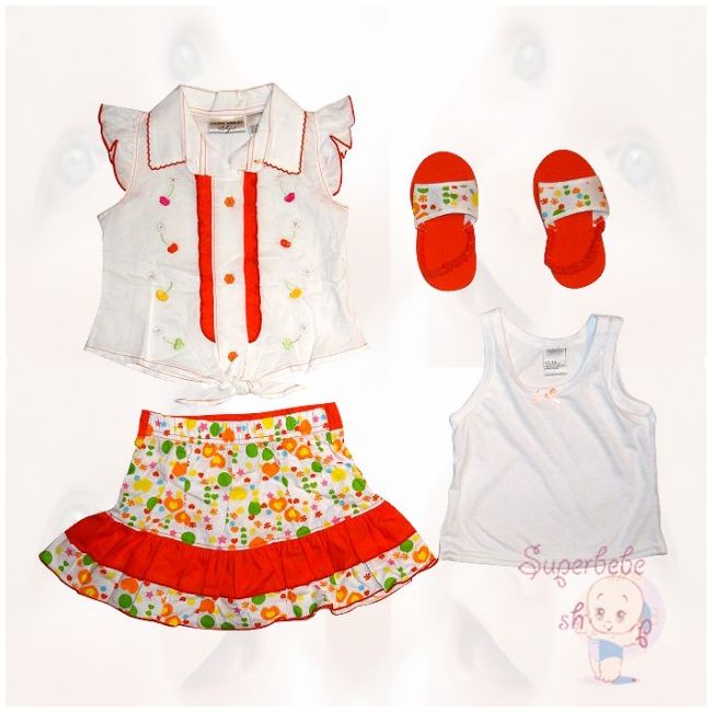Costumas cu fustita portocalie cu inimioare colorate si sandalute - 9457 A
