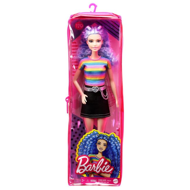 PAPUSA BARBIE FASHIONISTA CU PARUL MOV  TRICOU MULTICOLOR SI FUSTA NEAGRA VIVMTFBR37_GRB61