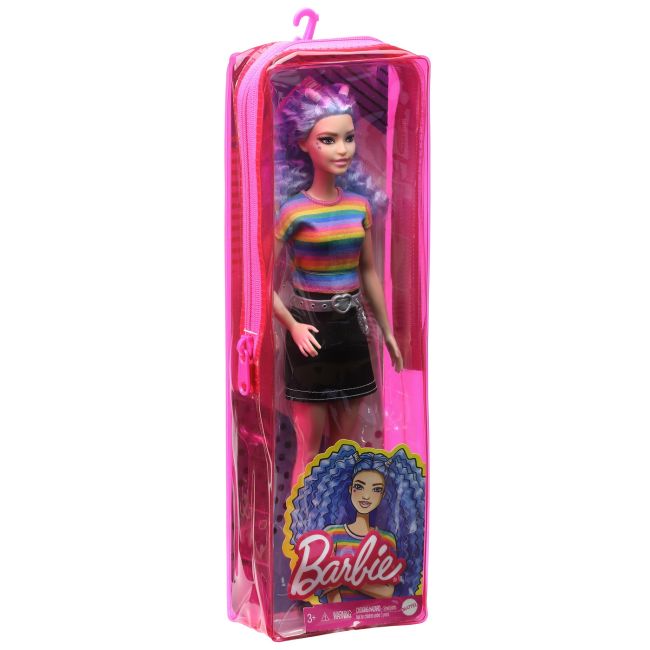 PAPUSA BARBIE FASHIONISTA CU PARUL MOV  TRICOU MULTICOLOR SI FUSTA NEAGRA VIVMTFBR37_GRB61