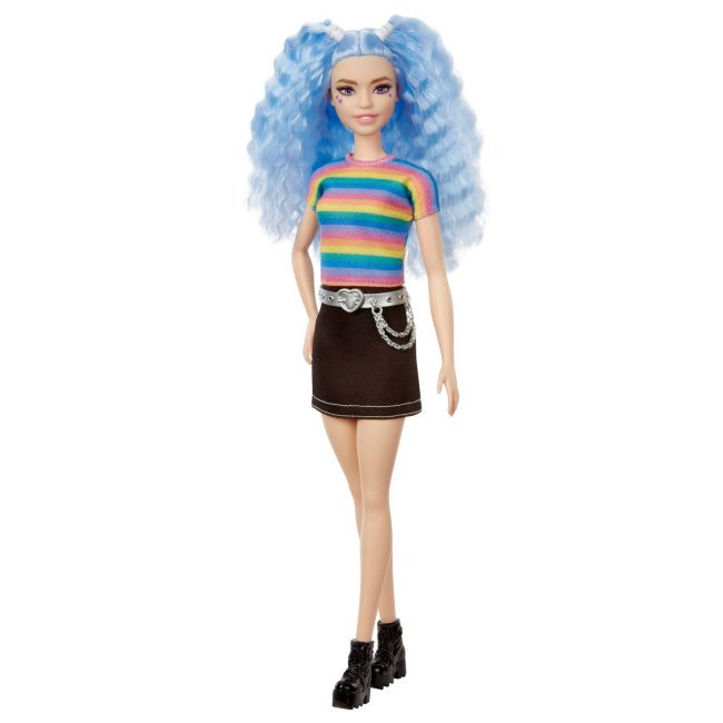 PAPUSA BARBIE FASHIONISTA CU PARUL MOV  TRICOU MULTICOLOR SI FUSTA NEAGRA VIVMTFBR37_GRB61