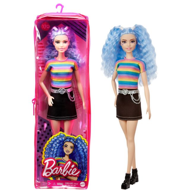 PAPUSA BARBIE FASHIONISTA CU PARUL MOV  TRICOU MULTICOLOR SI FUSTA NEAGRA VIVMTFBR37_GRB61