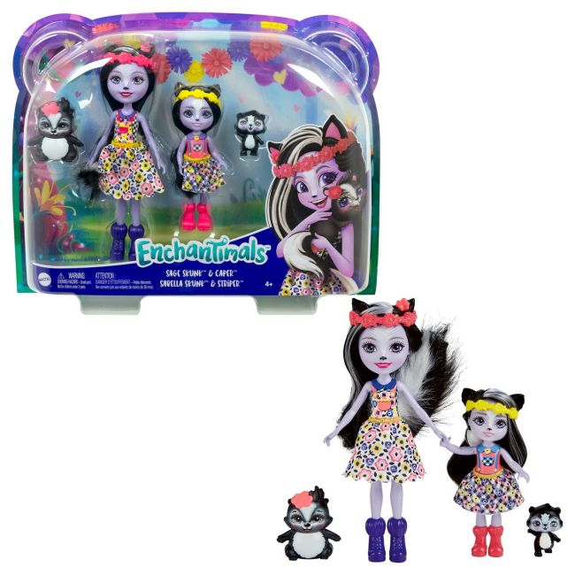 ENCHANTIMALS SET PAPUSI SURORI SI ANIMALUTELE LOR SAGE SKUNK & CAPER SI SABELLA SKUNK & STRIPER VIVMTHCF79_HCF82