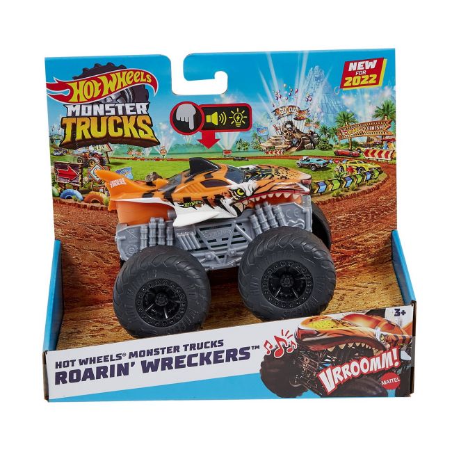 HOT WHEELS MONSTER TRUCK ROARIN WRECKERS TIGER SHARK CU FUNCTII SI SUNETE SCARA  1:43 VIVMTHDX60_HDX62