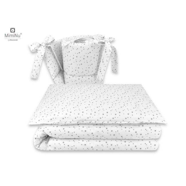 MimiNu - Lenjerie patut 3 piese, Cu protectie laterala, Mini Gray Stars, Din bumbac, Pentru patut 120x60 cm BYN6426972008228