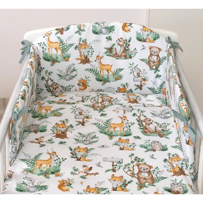 Set Lenjerie Din Bumbac Cu Protectie Laterala Pentru Pat Bebe 120 X 60 Cm, Animalute De Padure, Amy Pjb83608