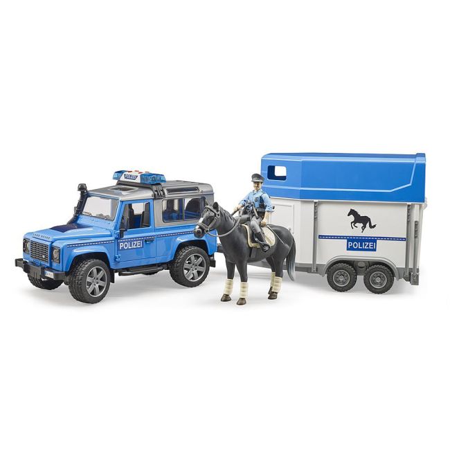 Bruder - Masina De Politie Land Rover Defender Cu Remorca, Politist Si Cal ARTBR02588