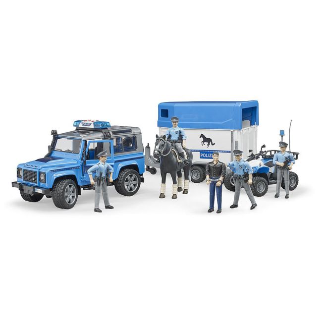 Bruder - Masina De Politie Land Rover Defender Cu Remorca, Politist Si Cal ARTBR02588