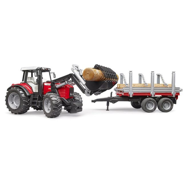Bruder - Tractor Massey Ferguson 7480 Cu Incarcator Frontal Si Remorca Pentru Lemne ARTBR02046