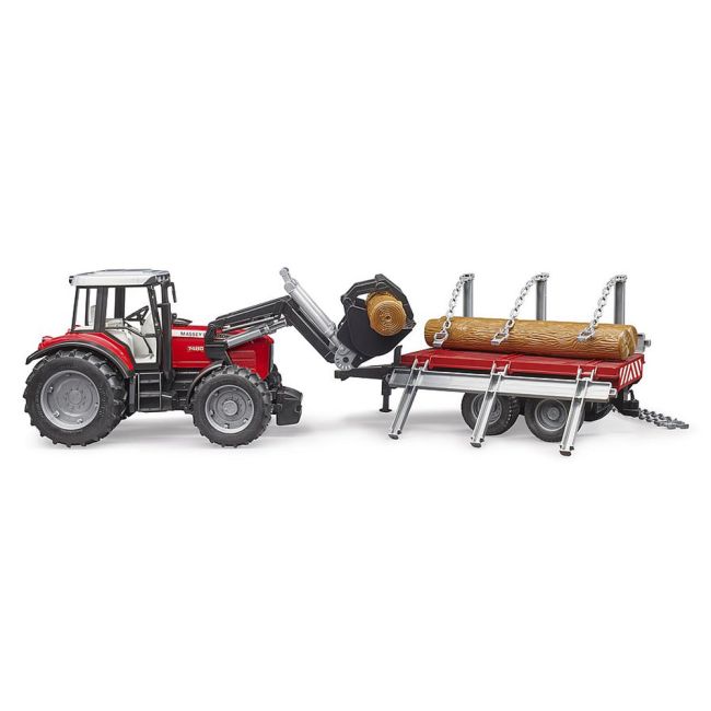 Bruder - Tractor Massey Ferguson 7480 Cu Incarcator Frontal Si Remorca Pentru Lemne ARTBR02046