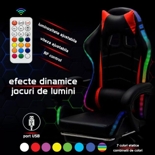 Scaun gaming cu iluminare led rgb off 303, perne detasabile, suport picioare retractabil, polipropilena, 110 kg drm9864