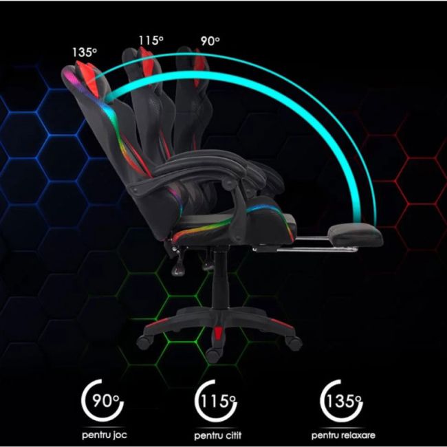 Scaun gaming cu iluminare led rgb off 303, perne detasabile, suport picioare retractabil, polipropilena, 110 kg drm9864