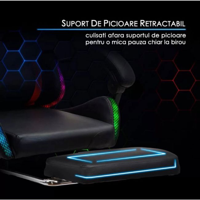 Scaun gaming cu iluminare led rgb off 303, perne detasabile, suport picioare retractabil, polipropilena, 110 kg drm9864