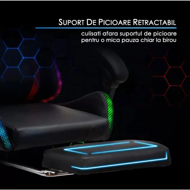 Scaun gaming cu iluminare led rgb off 303, perne detasabile, suport picioare retractabil, polipropilena, 110 kg drm9864