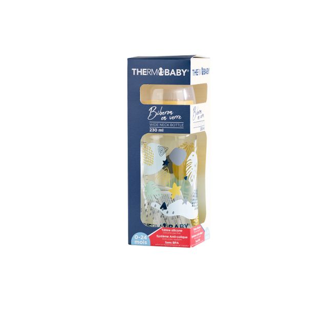 Thermobaby-Biberon din sticla cu gat larg 230ml, tetina silicon, debit mediu DNBTHE1852