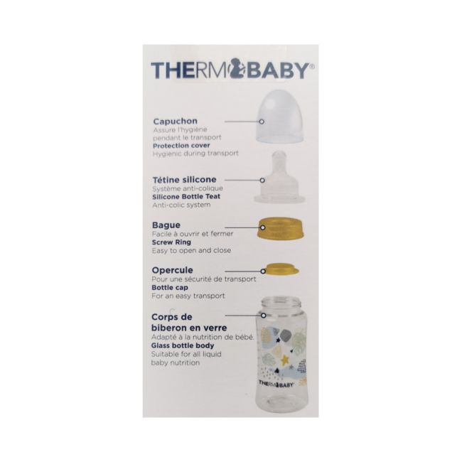 Thermobaby-Biberon din sticla cu gat larg 230ml, tetina silicon, debit mediu DNBTHE1852