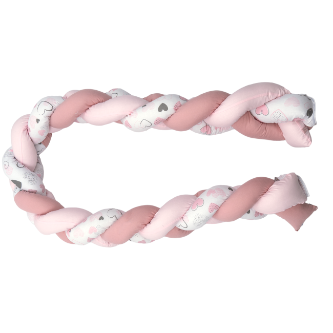 Aparatoare Laterala Pat Bumper Impletit, Inchidere Velcro, Bumbac Inimioare Roz, 180x21 Cm Pjb83256