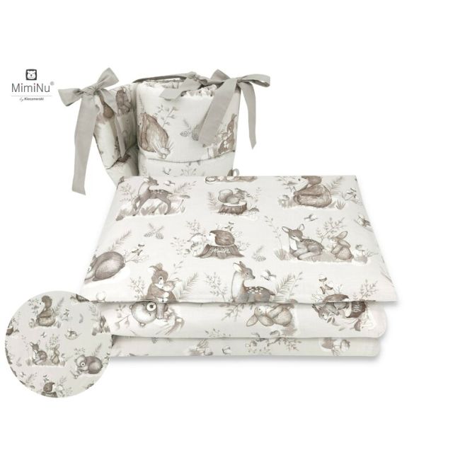 MimiNu - Lenjerie patut 3 piese, Cu protectie laterala, Design, Calm Forest Beige, Din bumbac, Pentru patut 120x60 cm BYN6426972011099