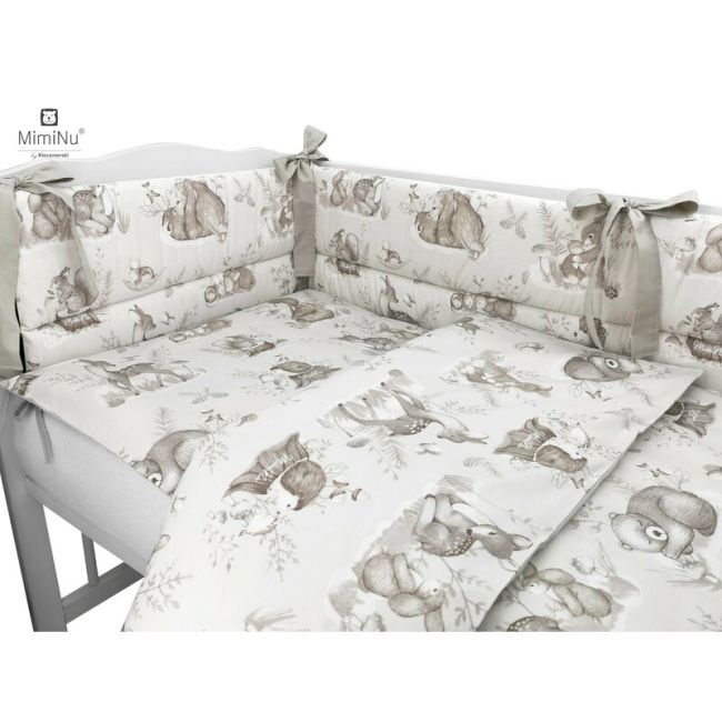 MimiNu - Lenjerie patut 3 piese, Cu protectie laterala, Design, Calm Forest Beige, Din bumbac, Pentru patut 120x60 cm BYN6426972011099