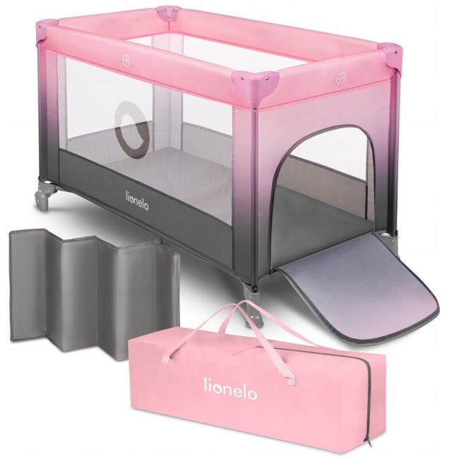 Lionelo - Patut pliant cu un nivel Stefi, Cu intrare laterala cu fermoar, 2 roti, 120x60 cm, Roz Ombre BYNLO-STEFI _PINK_OMBRE