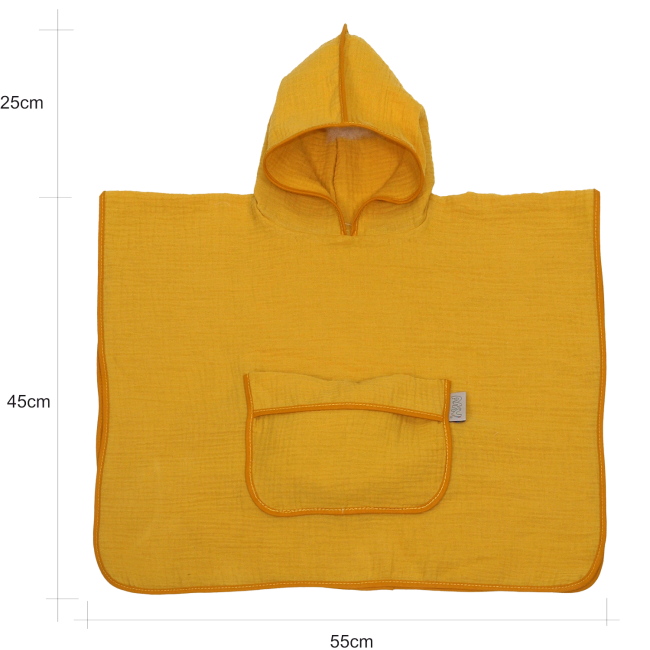 Prosop Din Bumbac Muselina Cu Gluga Si Buzunar Pentru Bebelusi Si Copii, Poncho, Galben, 60x65 Cm Pjb83891