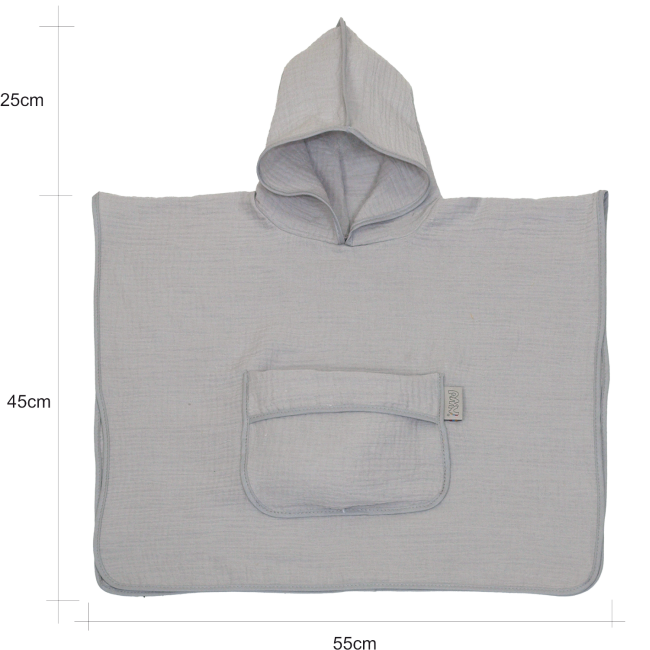 Prosop Din Bumbac Muselina Cu Gluga Si Buzunar Pentru Bebelusi Si Copii, Poncho, Gri, 60x65 Cm Pjb83892