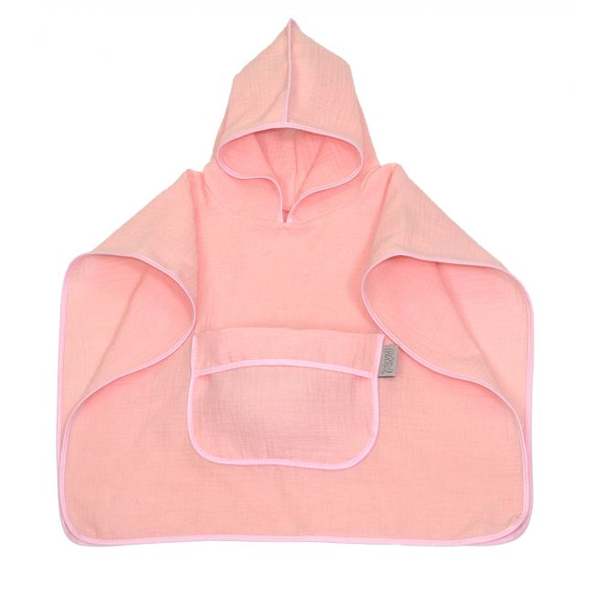 Prosop Din Bumbac Muselina Cu Gluga Si Buzunar Pentru Bebelusi Si Copii, Poncho, Rose, 60x65 Cm Pjb83890