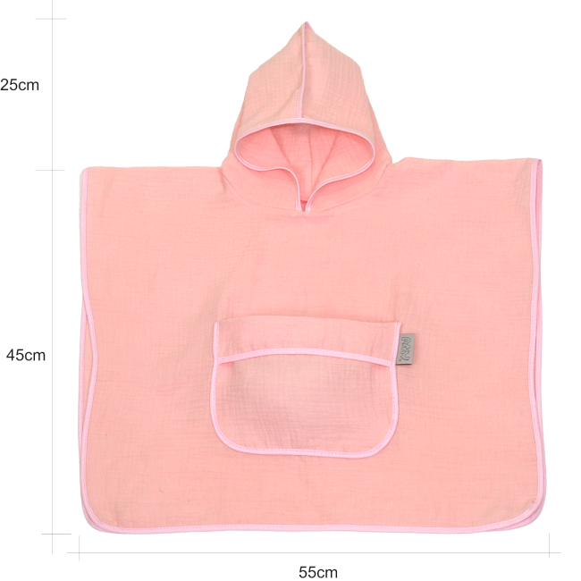 Prosop Din Bumbac Muselina Cu Gluga Si Buzunar Pentru Bebelusi Si Copii, Poncho, Rose, 60x65 Cm Pjb83890