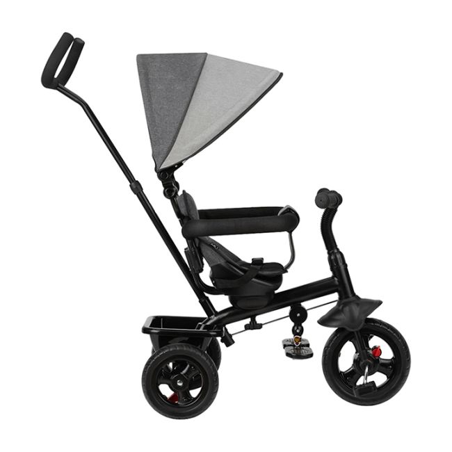 Tricicleta 5 in 1, MoMi IRIS Grey, Scaun rotativ 360°, Suport pentru picioare detasabil, Maner telescopic, Cos pentru jucarii, Materiale usor de curatat KRTROTR00010
