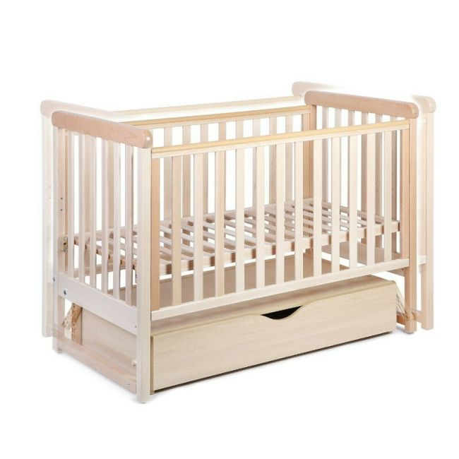 Patut cu sistem de leganare, laterala culisanta, sertar YappyMove din lemn de fag, Cu sina speciala pentru dentitie, Suport pentru saltea reglabil, YappyKids, 120x60 cm, Natur BYNYappyMove_natural